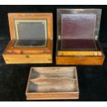 A Victorian walnut writing box, fitted interior, c.1880; another; a 19th century oak cutlery tray (