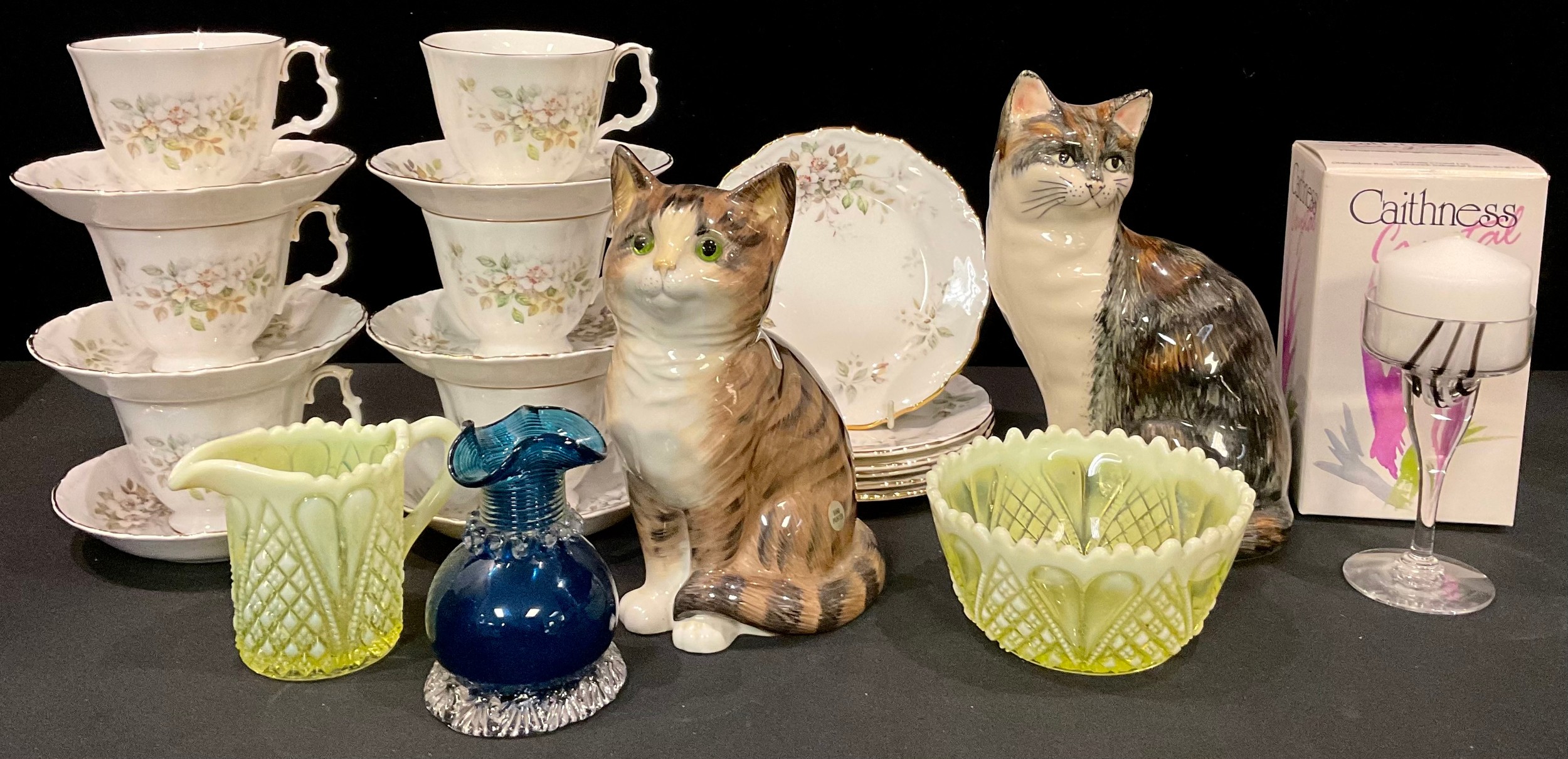A Royal Albert Hawthorn pattern tea set for six; a Caithness candlestick, boxed; two model cats; a