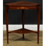 An Edwardian rosewood and marquetry corner table, 73cm high, 64.5cm wide, 41cm deep