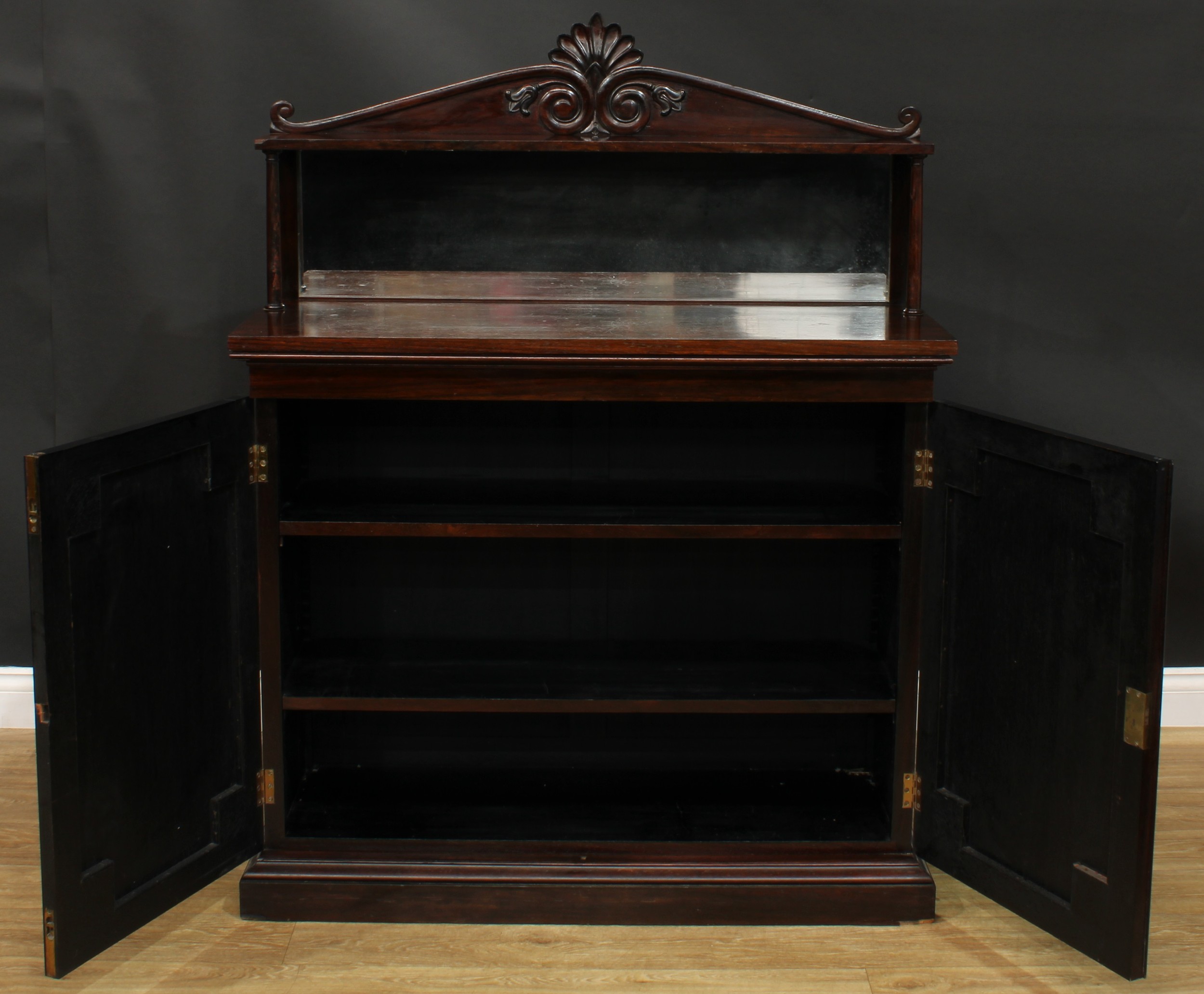 An early Victorian rosewood chiffonier, shaped superstructure with rectangular mirror, the base with - Image 3 of 6