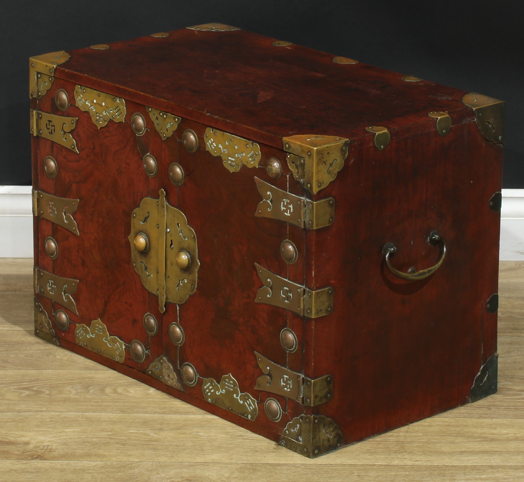 A Chinese brass mounted enclosed table cabinet, flush rectangular top above a pair of yumu veneer - Image 6 of 7