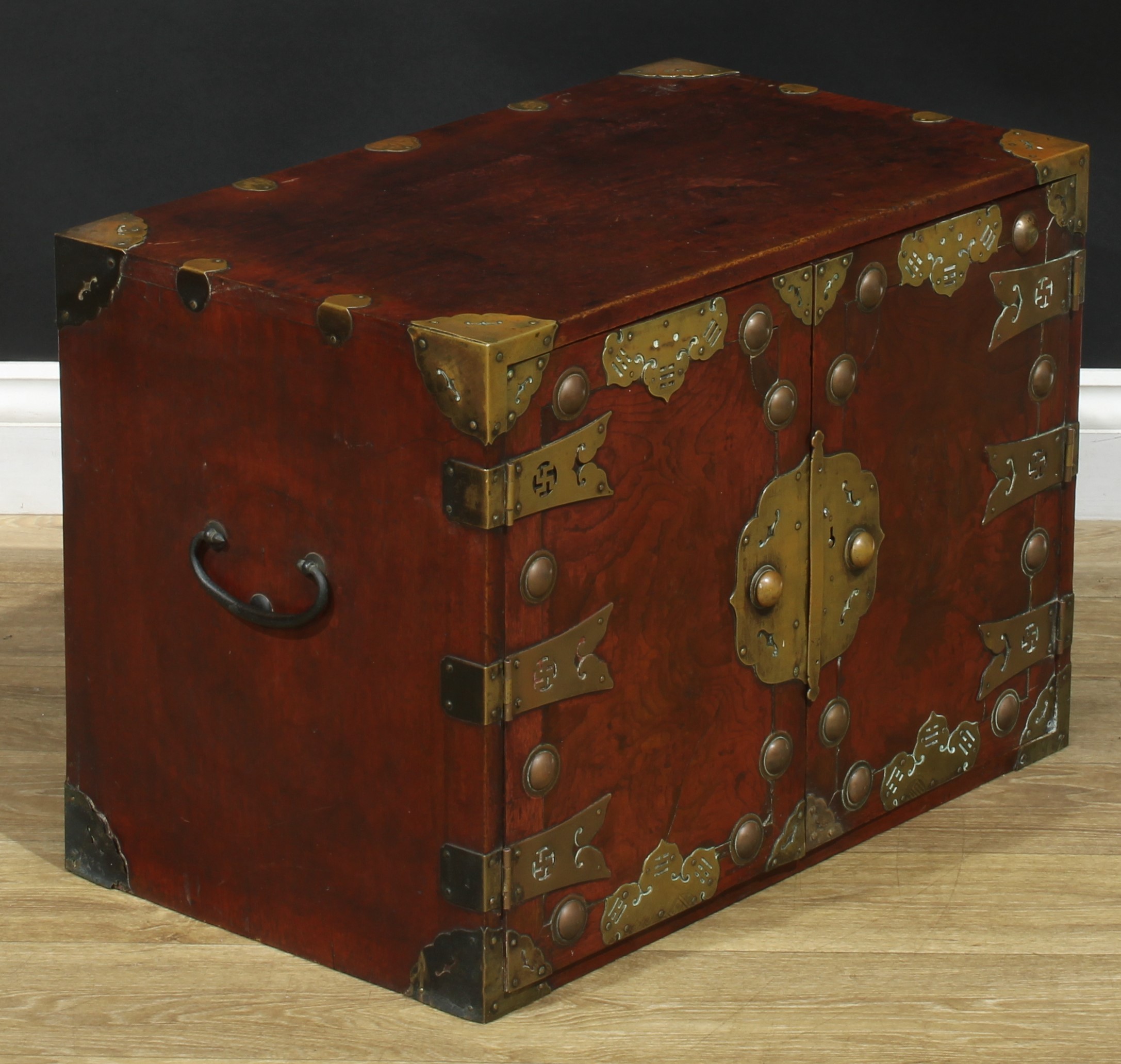 A Chinese brass mounted enclosed table cabinet, flush rectangular top above a pair of yumu veneer - Image 5 of 7