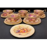 A set of five Aynsley Orchard Gold pattern teacups and saucers, printed with ripe fruits, six