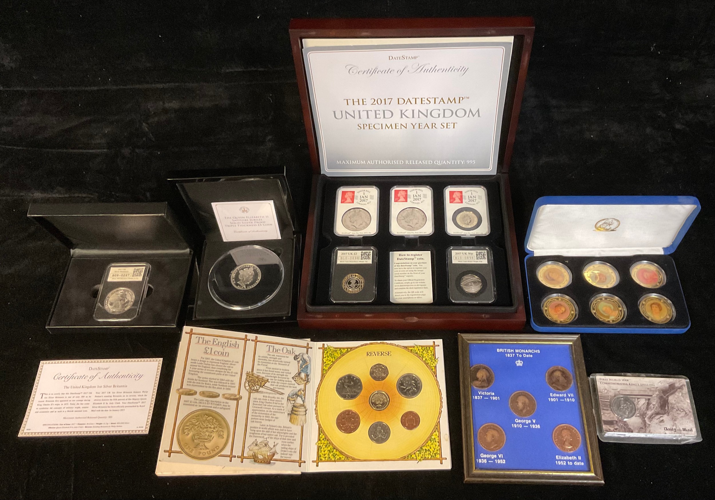 Coins - Coin Portfolio 2017 Datestamp UK collection two £5, two £2 and 50p in plastic cases boxed
