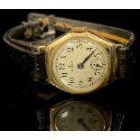A lady's 9ct gold Rolex watch, marked 375, black leather strap, the case marked with Rolex crown,