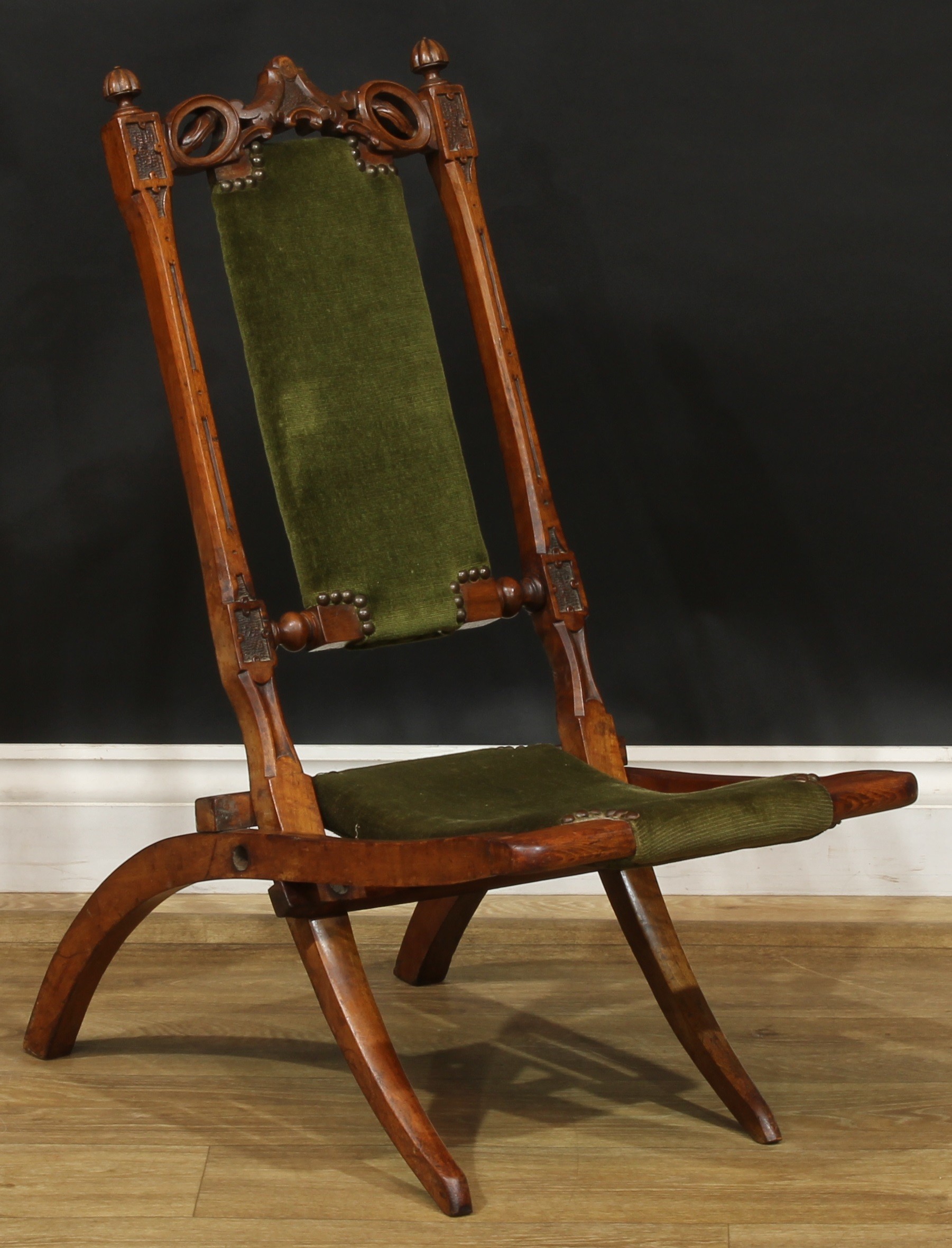 A Victorian walnut and beech folding chair, 74cm high, 36cm wide, the seat 22.5cm wide and 32cm deep