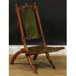 A Victorian walnut and beech folding chair, 74cm high, 36cm wide, the seat 22.5cm wide and 32cm deep
