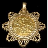An Elizabeth II gold half sovereign, 1982, mounted in 9ct gold as a pendant, 7.36g