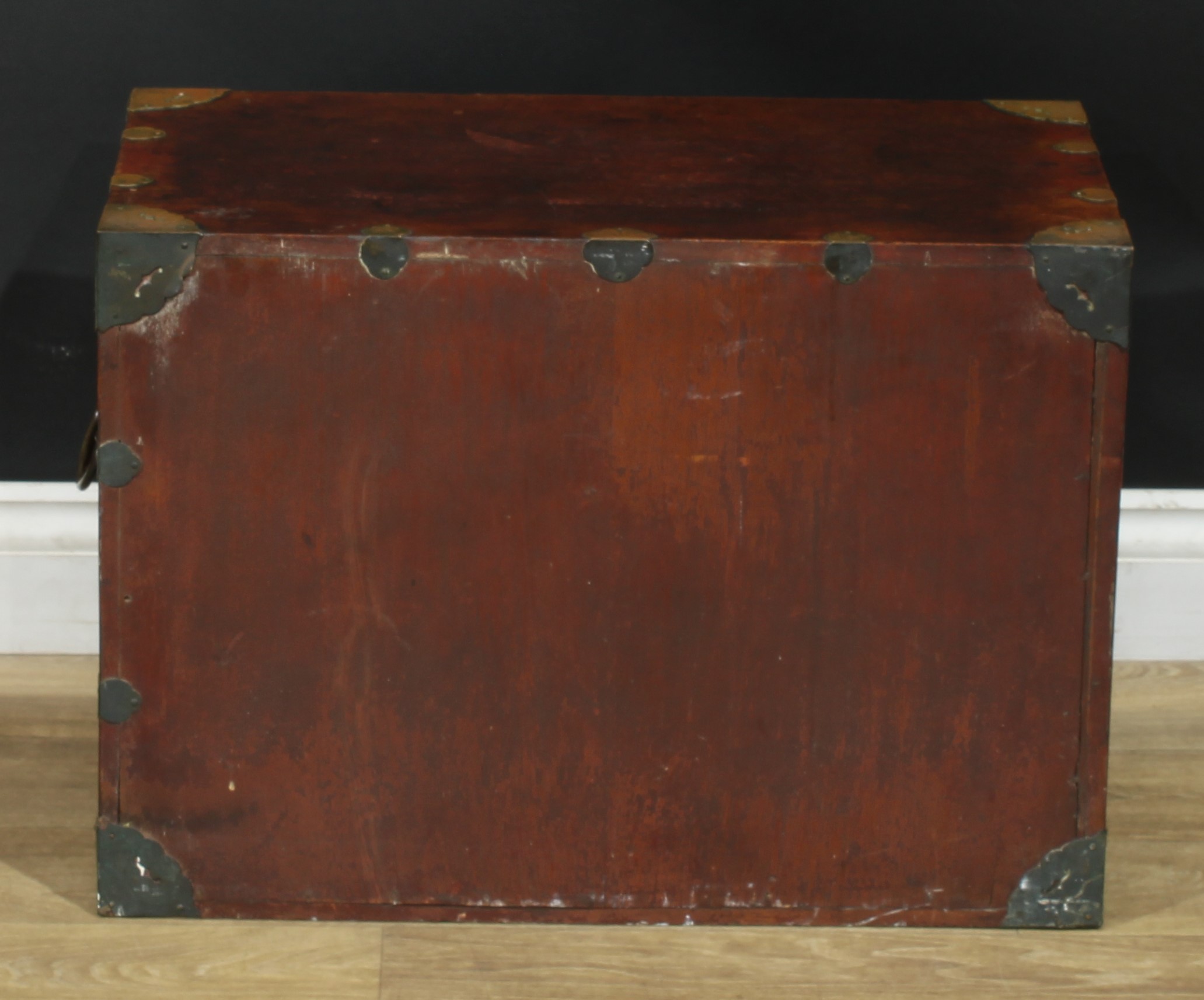 A Chinese brass mounted enclosed table cabinet, flush rectangular top above a pair of yumu veneer - Image 7 of 7