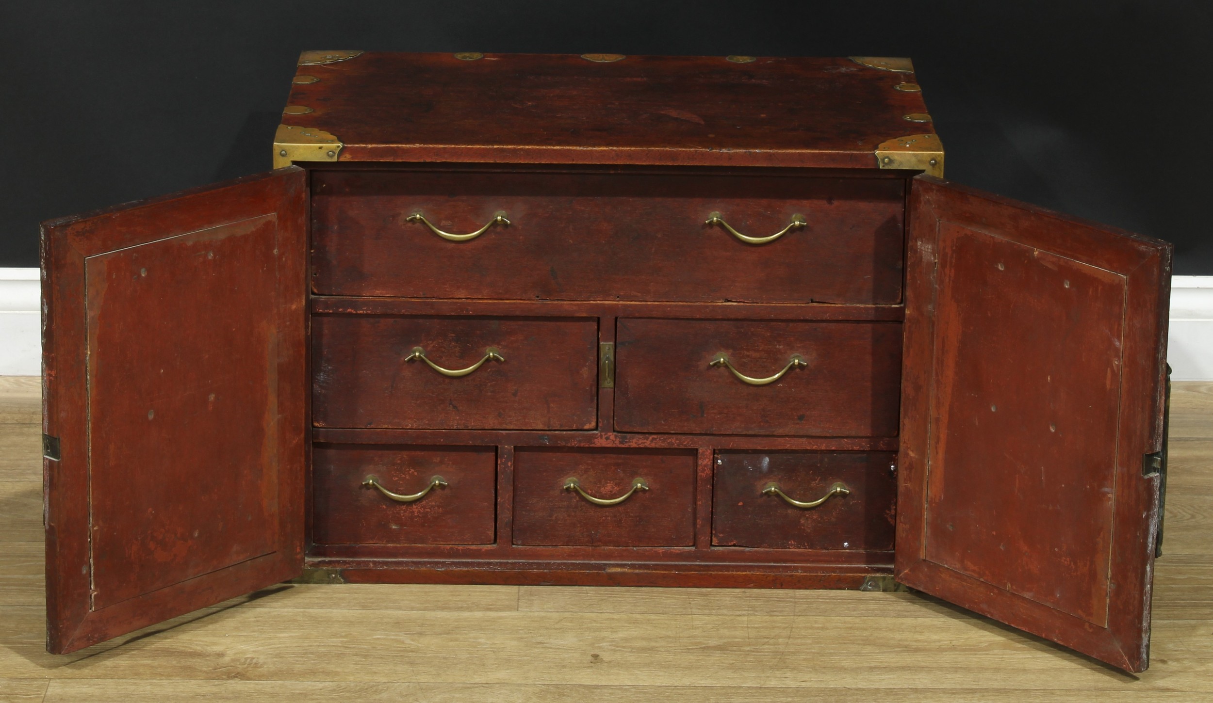 A Chinese brass mounted enclosed table cabinet, flush rectangular top above a pair of yumu veneer - Image 2 of 7