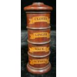 A replica 19th century style treen spice tower, marked for Cloves, Ginger, Mace and Nutmeg, 20cm