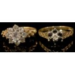 A 9ct gold sapphire and illusion set diamond flowerhead ring, size M/N, marked 375, 1.1g; a 9ct gold