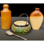 An HP & HB pottery preserve pot, with hunting motifs; a 19th century salt glazed flask; a Reigate
