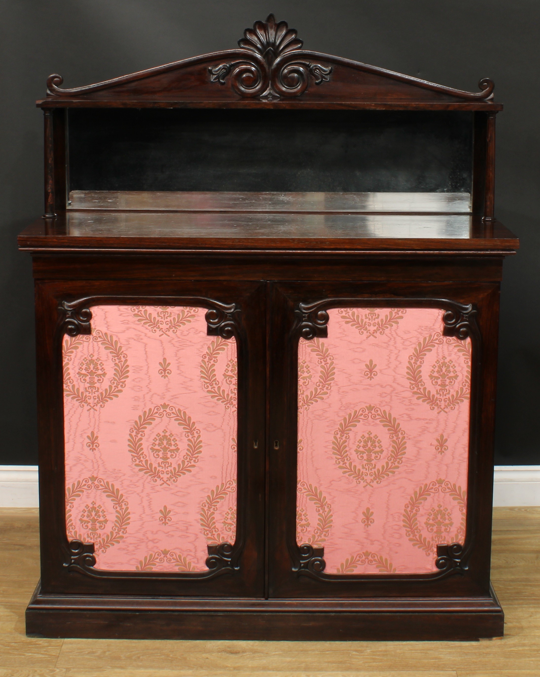 An early Victorian rosewood chiffonier, shaped superstructure with rectangular mirror, the base with - Image 2 of 6