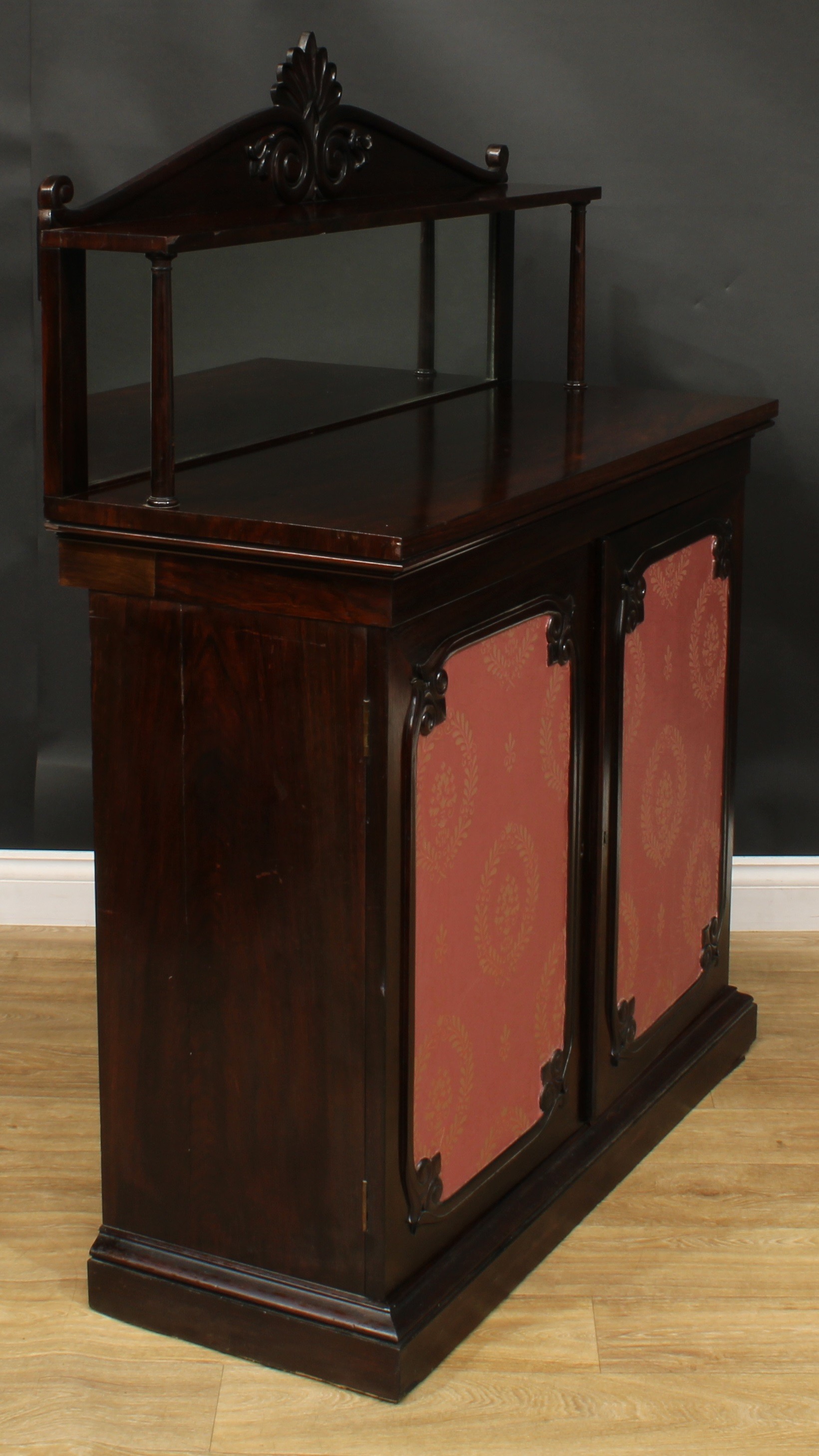 An early Victorian rosewood chiffonier, shaped superstructure with rectangular mirror, the base with - Image 4 of 6