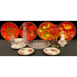 A set of four Poole plates, 20cm diameter; a studio glass vase; a frosted glass plate; Royal Albert;