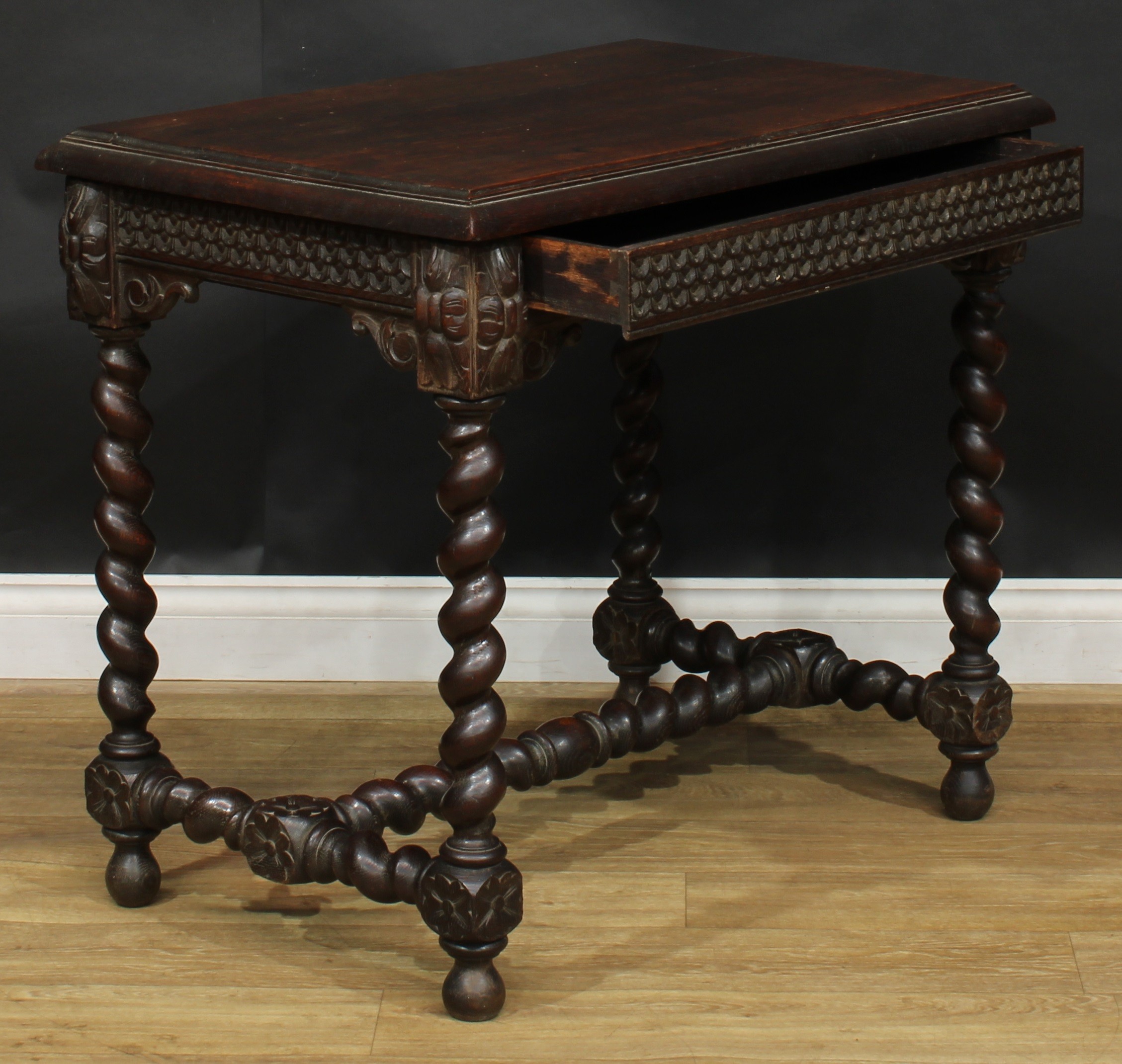 A 17th century style oak centre or side table, rectangular top with moulded edge above a long frieze - Image 3 of 3