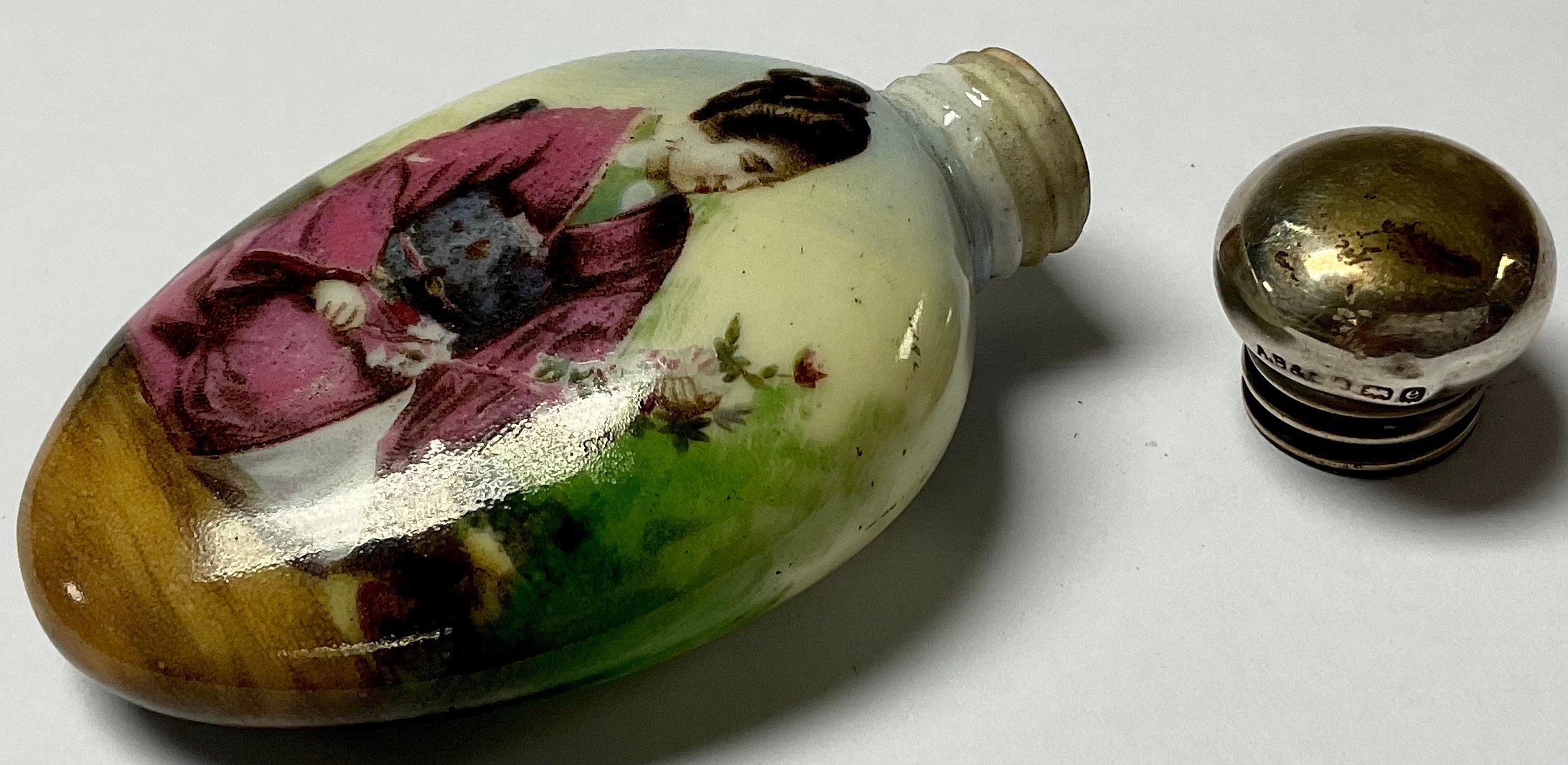 A porcelain scent bottle, Geisha holding flowers, hallmarked silver top - Image 3 of 3