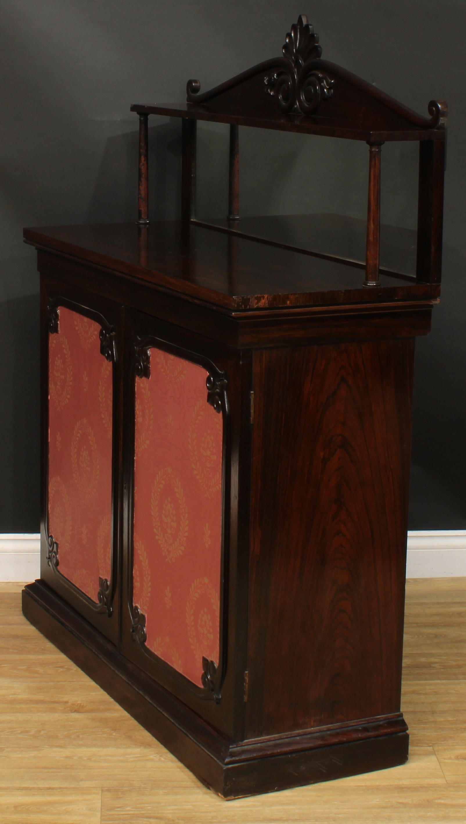 An early Victorian rosewood chiffonier, shaped superstructure with rectangular mirror, the base with - Image 5 of 6