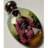A porcelain scent bottle, Geisha holding flowers, hallmarked silver top