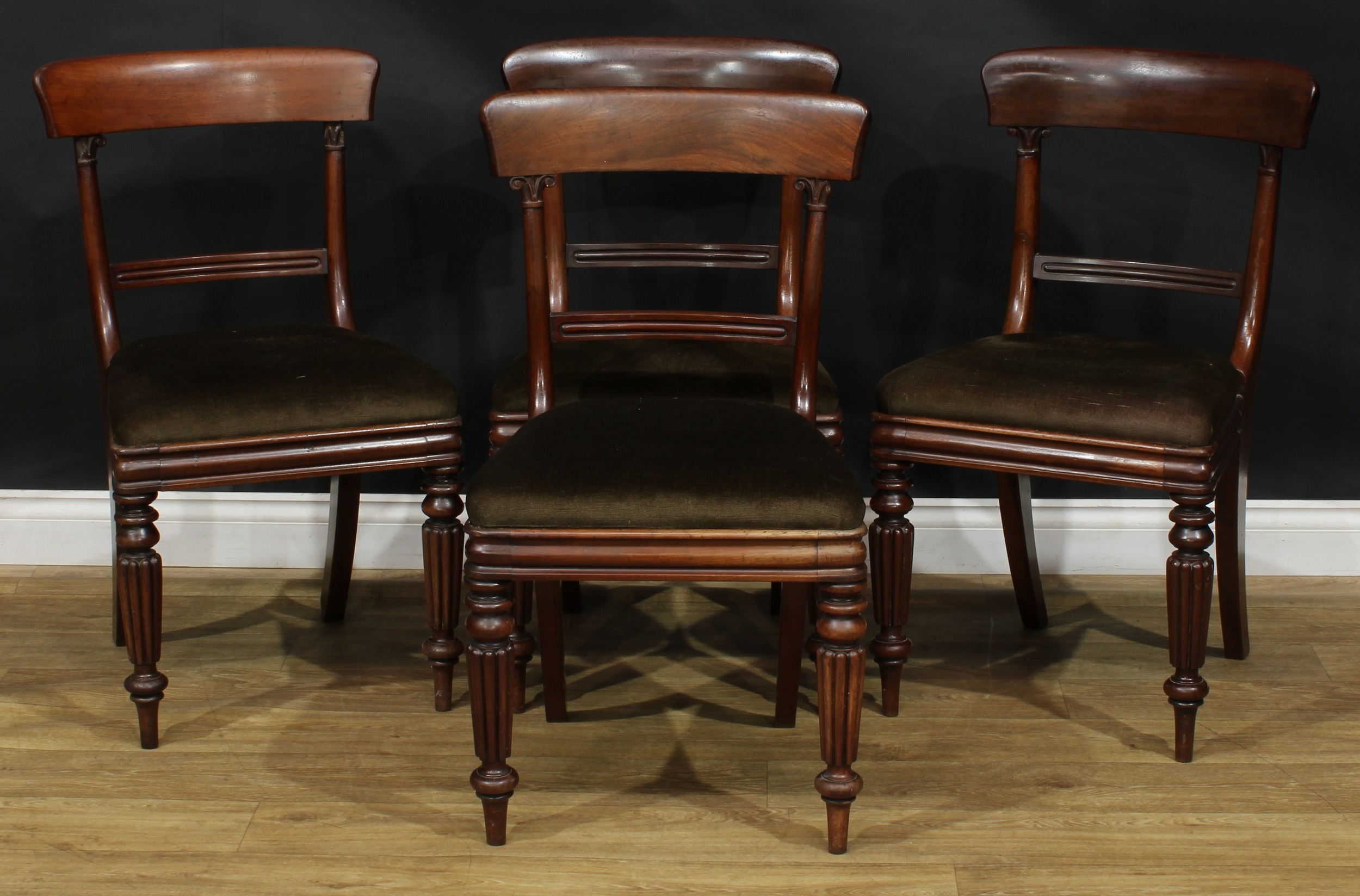 A set of four William IV mahogany dining chairs, 87.5cm high, 47cm wide, the seat 38cm deep, c.1835