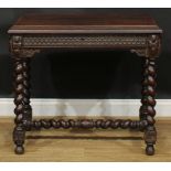 A 17th century style oak centre or side table, rectangular top with moulded edge above a long frieze