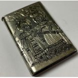 A Victorian silver match case, hand engraved with a pair of young girls in wide bonnets, the verso