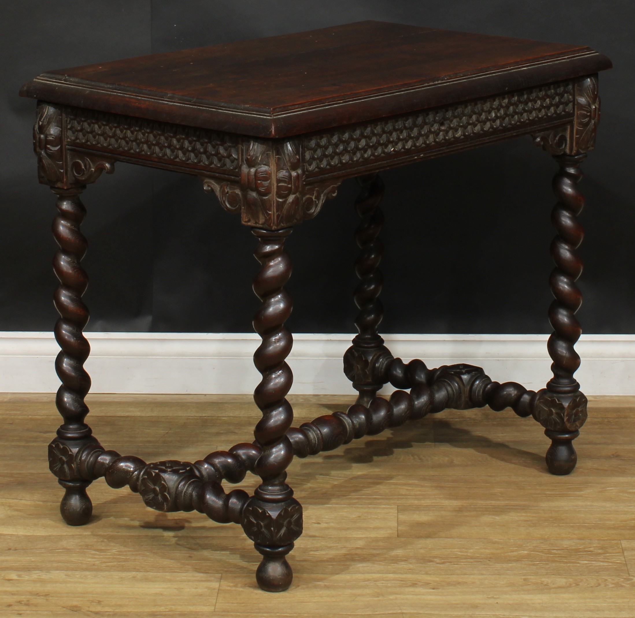 A 17th century style oak centre or side table, rectangular top with moulded edge above a long frieze - Image 2 of 3