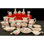 A Royal Crown Derby Posie pattern cruet set, boxed; others, jugs, tea strainer, hexagonal vase,