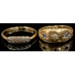 An 18ct gold diamond and sapphire chip three stone ring, size I/J, 2.2g; An 18ct gold illusion set