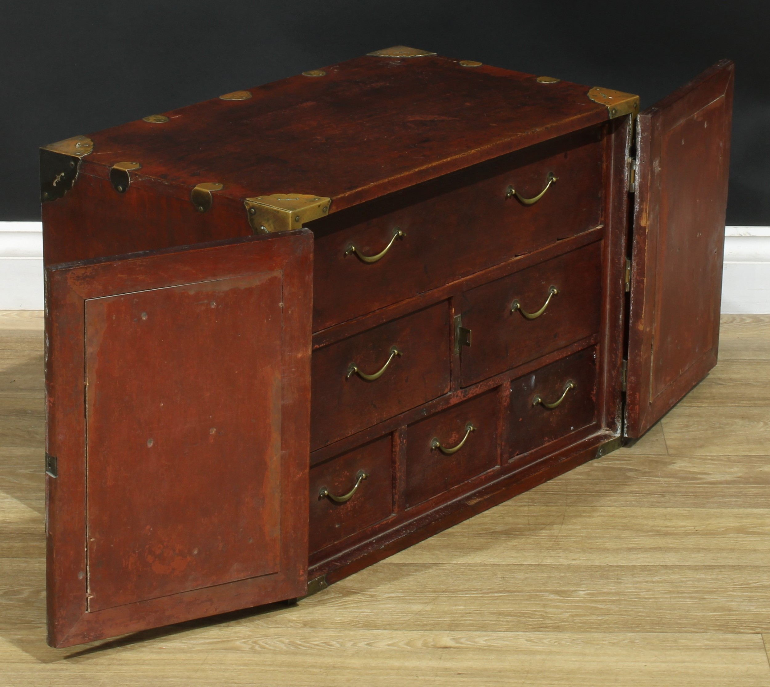 A Chinese brass mounted enclosed table cabinet, flush rectangular top above a pair of yumu veneer - Image 3 of 7
