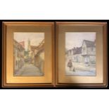 Continental School (19th century), a pair, Village Scenes, indistinctly signed, watercolours, 35cm x