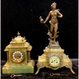 A late 19th century French onyx mantel clock, the case surmounted with spelter figure, Apres Les