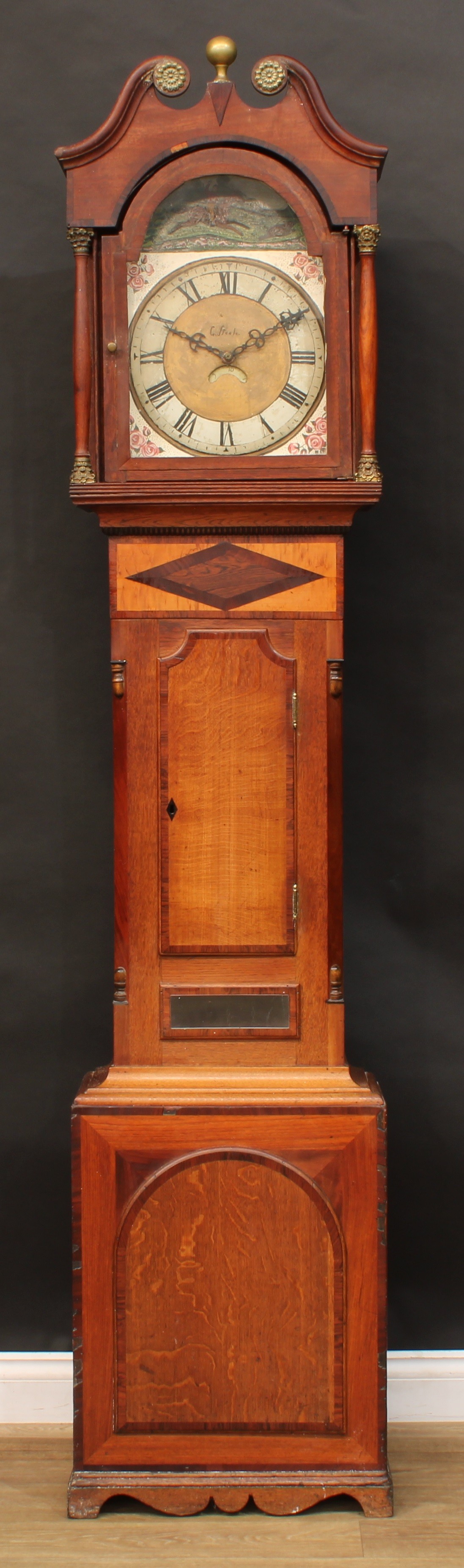 A 19th century oak and parquetry longcase clock, 31.5cm arched dial, the case with swan neck