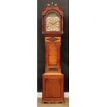 A 19th century oak and parquetry longcase clock, 31.5cm arched dial, the case with swan neck