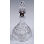 A George V silver mounted decanter, cut and etched with ripe fruit, 31cm high, John Grinsell & Sons,