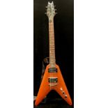 A Dean Baby V Flying V shaped guitar, Dean pickups, orange satin finish, with strap and plectrum