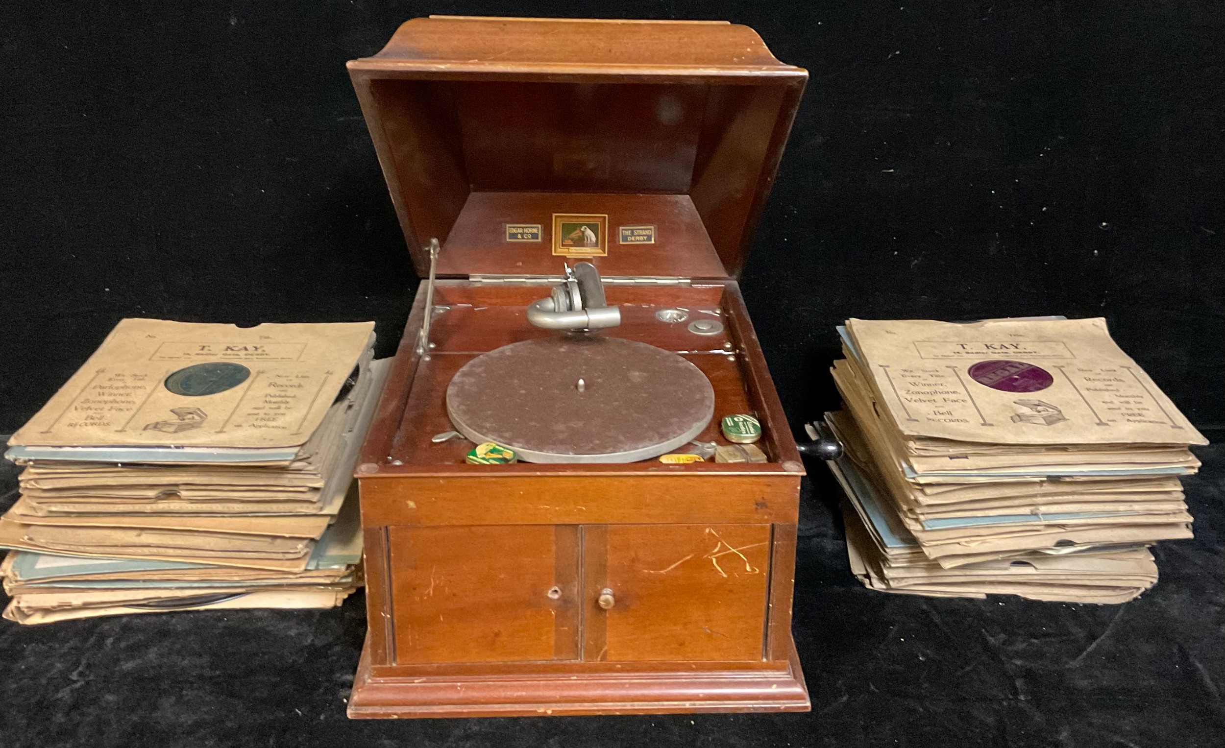 A mahogany His Master's Voice (HMV) table top gramophone cabinet, hinger cover, winding handle, 40cm