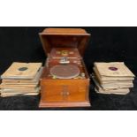 A mahogany His Master's Voice (HMV) table top gramophone cabinet, hinger cover, winding handle, 40cm