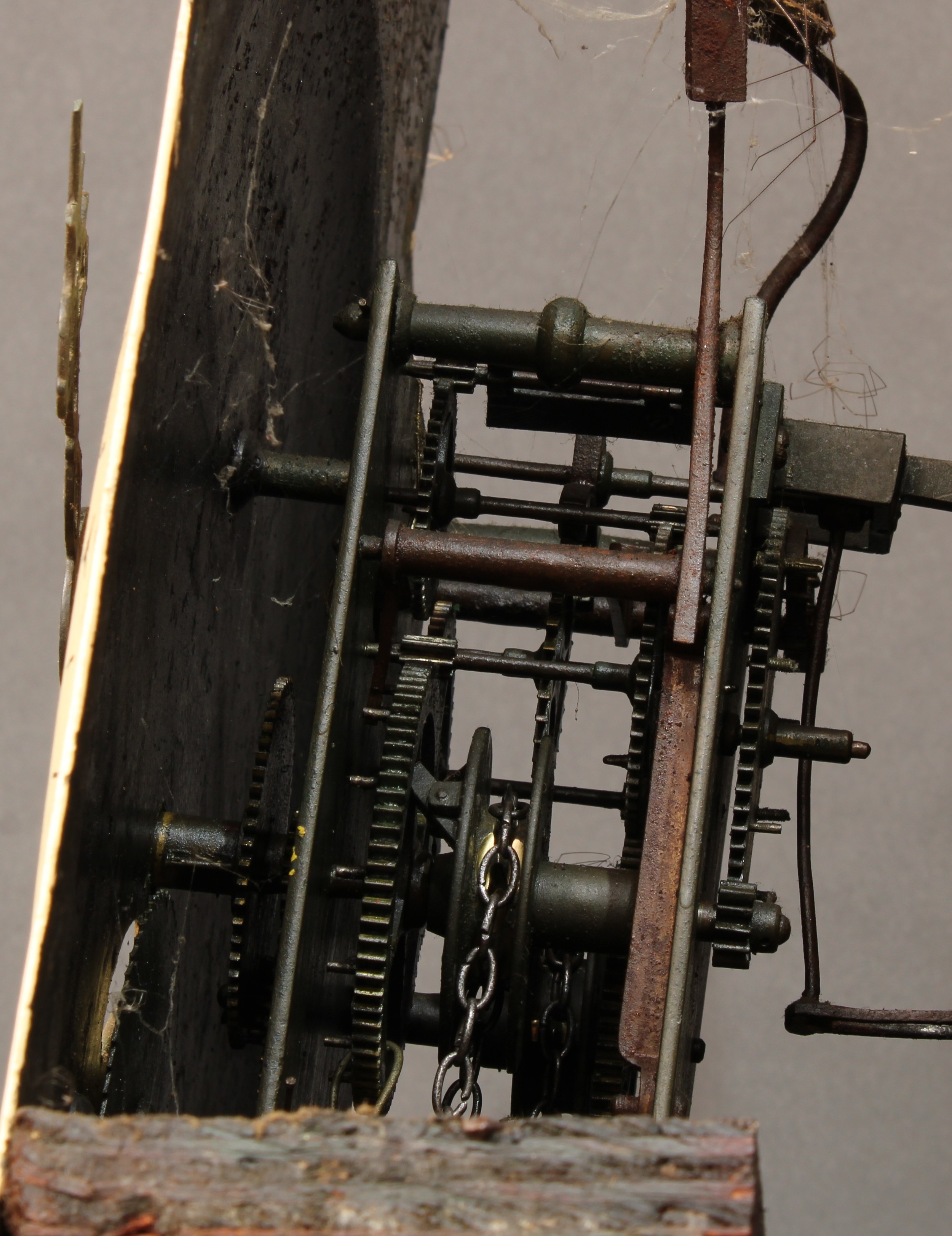 A 19th century oak and parquetry longcase clock, 31.5cm arched dial, the case with swan neck - Image 6 of 6