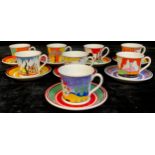 A set of eight Wedgwood for Bradex Clarice Cliff reproduction "Café Noir" coffee cans and saucers,