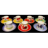 A set of seven Wedgwood for Bradex Clarice Cliff reproduction "Café Chic" coffee cans and saucers,