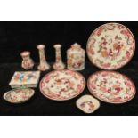 A Mason's Ironstone Mandalay Red caddy with cover; others a pair of candlesticks, plates, vase,