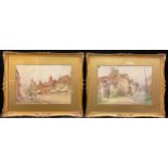 Adam Knight A pair, Village Street Scenes signed, watercolours, 24.5cm x 35cm