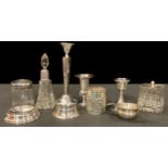 Silver - candlesticks, vase, scent bottle, covered pin cushion, etc, various dates and makers,