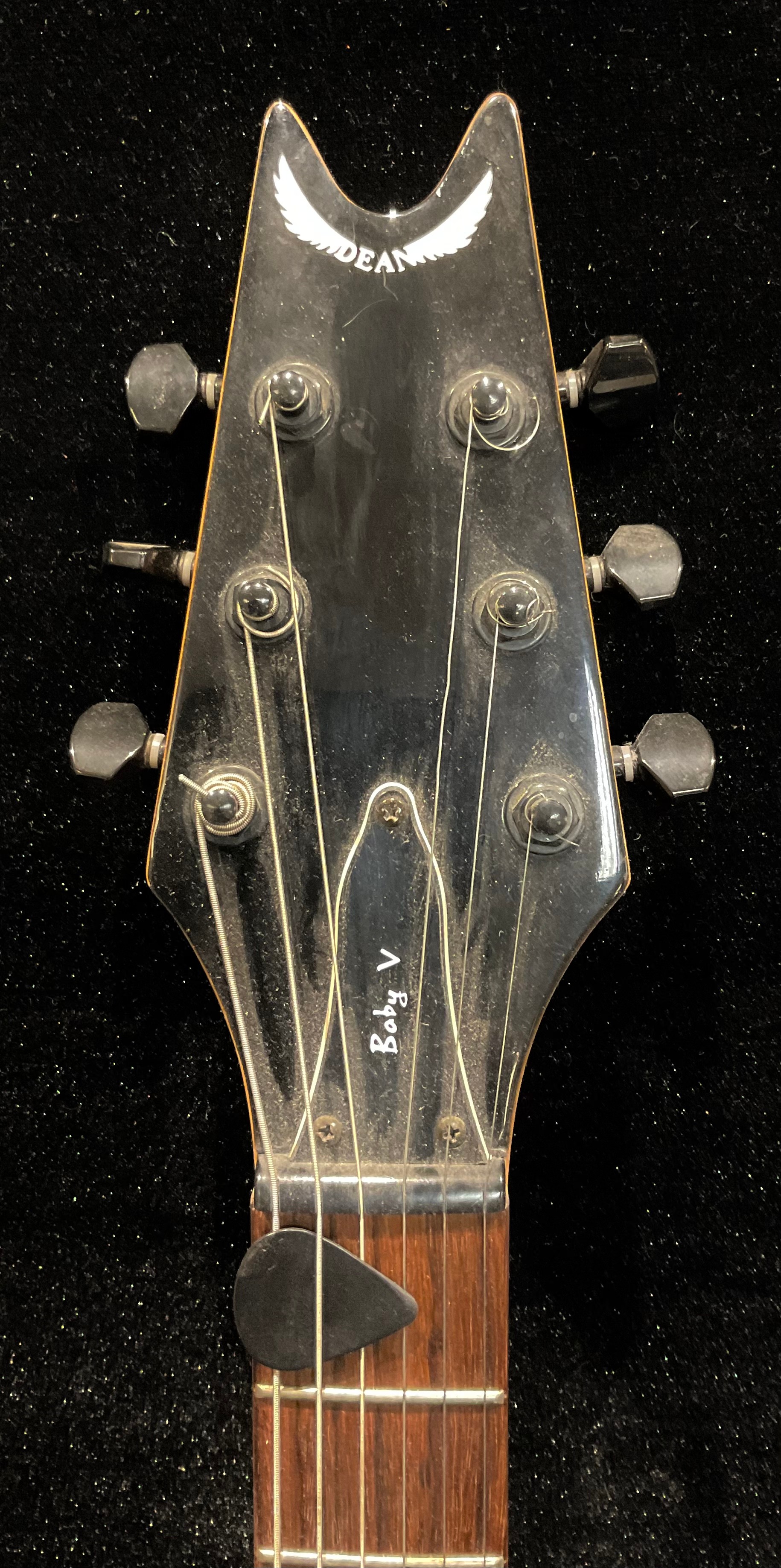 A Dean Baby V Flying V shaped guitar, Dean pickups, orange satin finish, with strap and plectrum - Image 6 of 6