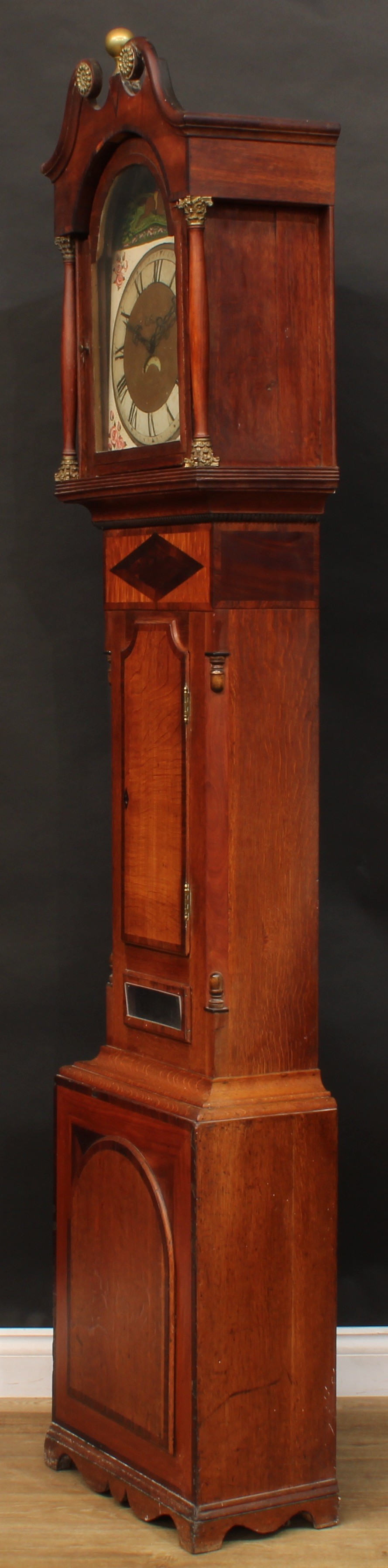 A 19th century oak and parquetry longcase clock, 31.5cm arched dial, the case with swan neck - Image 3 of 6