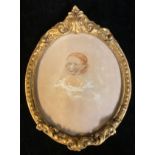 English School (19th century), oval portrait miniature, baby girl with auburn wavy locks, blue eyes,