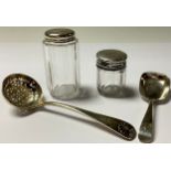 A George III silver caddy spoon, London 1806, 25g; a Victorian silver sugar spoon, London 1894, 52g;