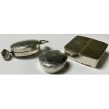 A sterling silver snuff as a sweet in a wrapper, marked 925; two similar sterling silver snuff